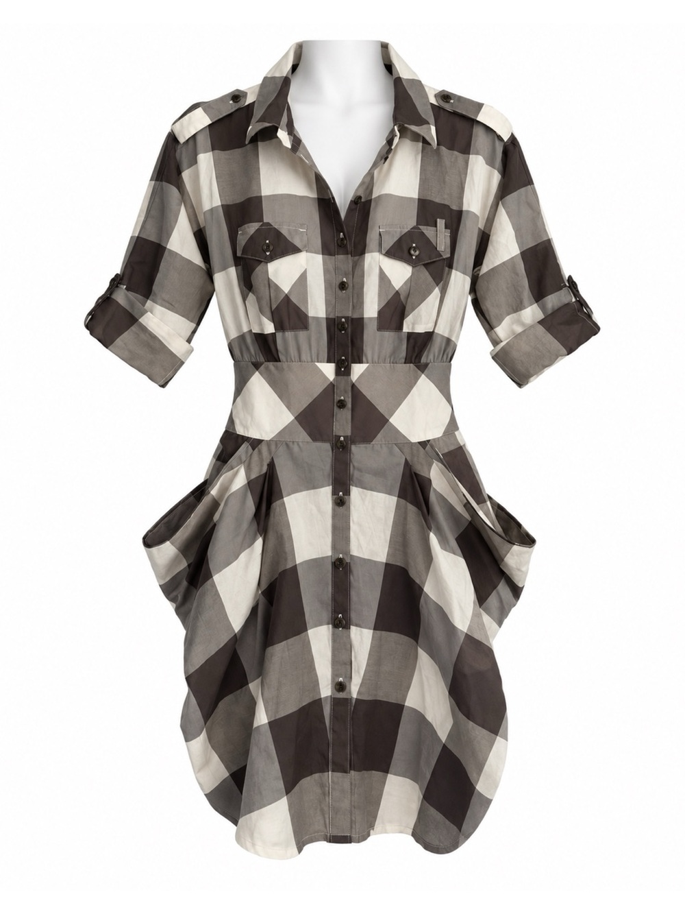 Size 1 Ted Baker Women’s Chintz Finish Grey Ivory Check Button Front Shirt Dress